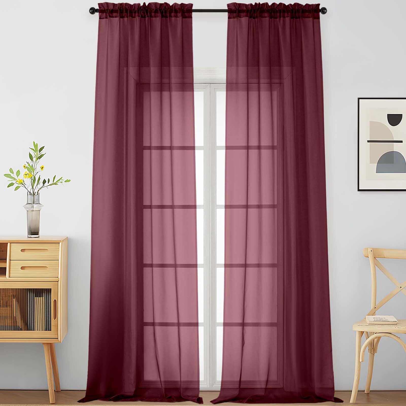 Ebesto Burgundy Sheer Curtains 120 Inches Long 2 Panels, Extra Long Light Filtering Modern Window Curtains for Sliding Glass Door, Rod Pocket Voile Drapes for Living Room Bedroom, 2x42Wx120L Inches