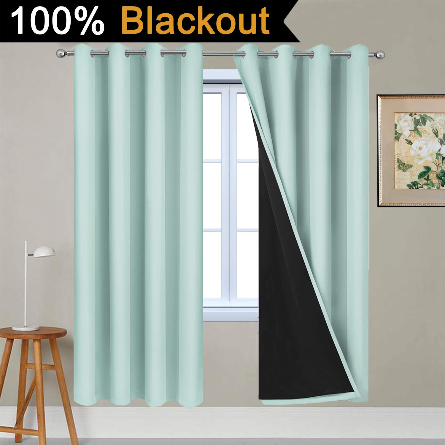 Yakamok Aqua 100% Blackout Curtains 72 Inches Long for Bedroom 52" Wide