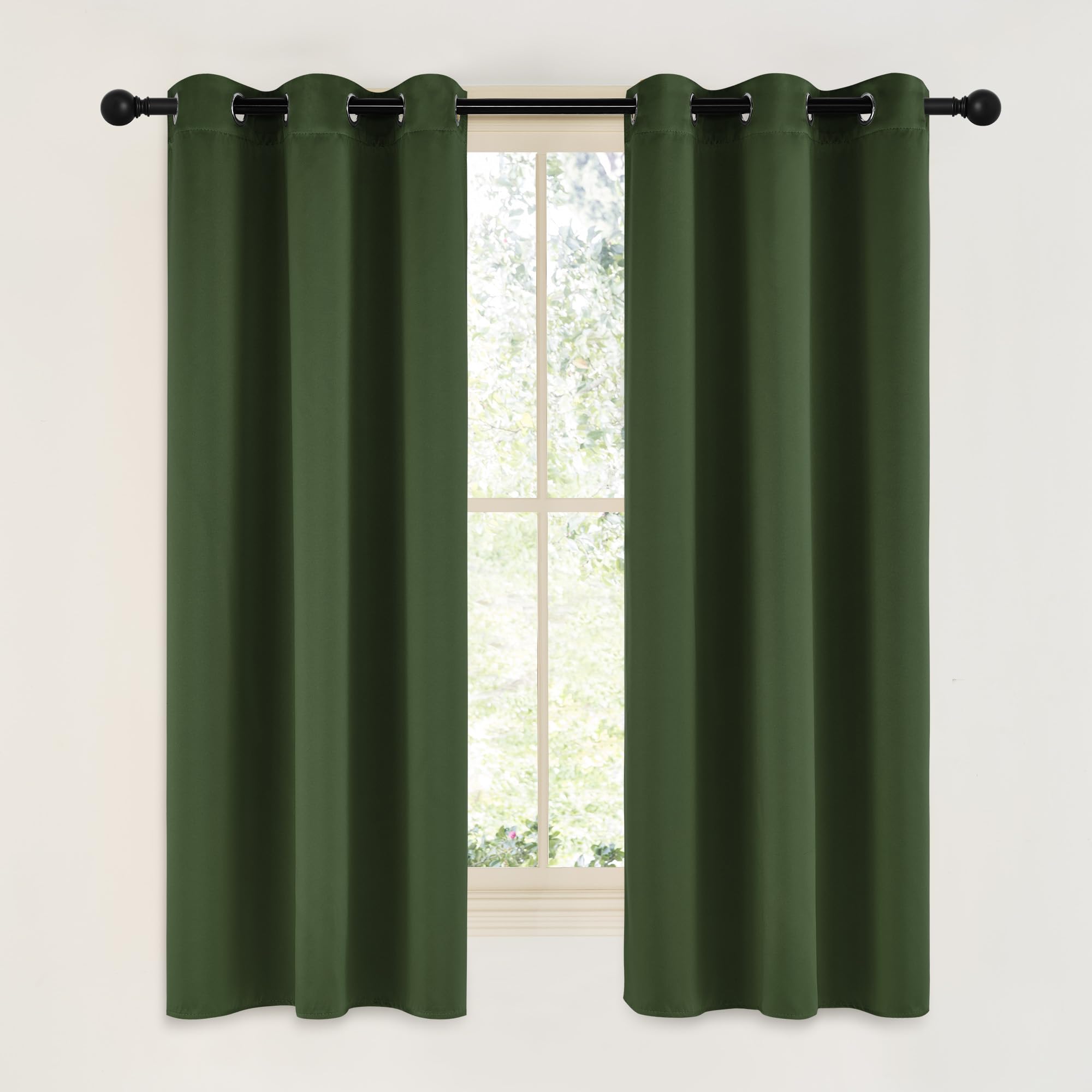 NICETOWN Dark Green Blackout Cafe Satin Curtains for Small Windows, 42" Wide by 63" Long, 2 Panels, Grommet Noise Reducing Faux Silk Blackout Drapes for Dining Room