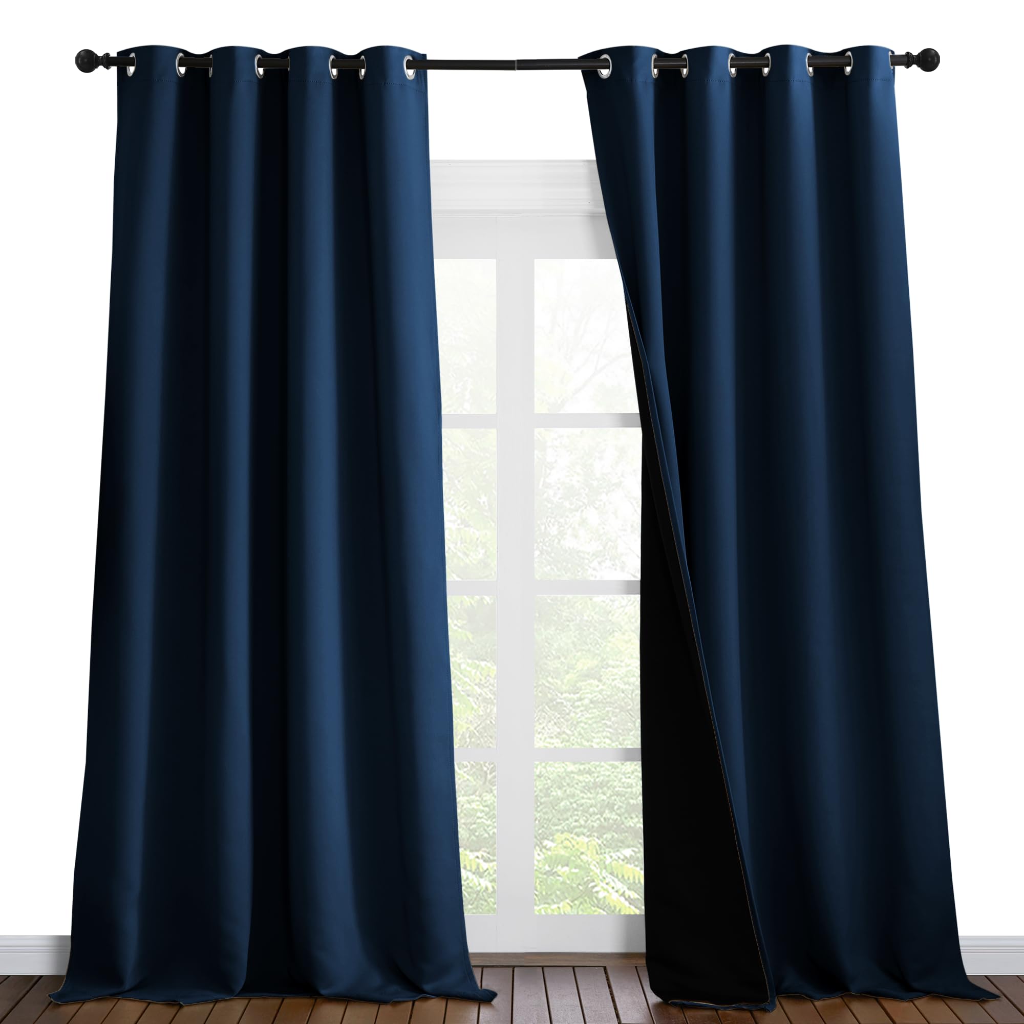 NICETOWN 100% Blackout Blinds, Laundry Room Decor Window Treatment Curtains for Large Patio Sliding Door, Thermal Insulated Moroccan Blue Curtains for Bedroom, Set of 2, 52 inches x 108 inches