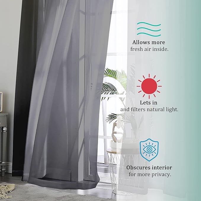 OVZME Black Sheer Curtains Dark Color Curtain Panels for Living Room, Light Reducing Sheer Curtains 108 inch Length 2 Panels Set Rod Pocket Window Panels