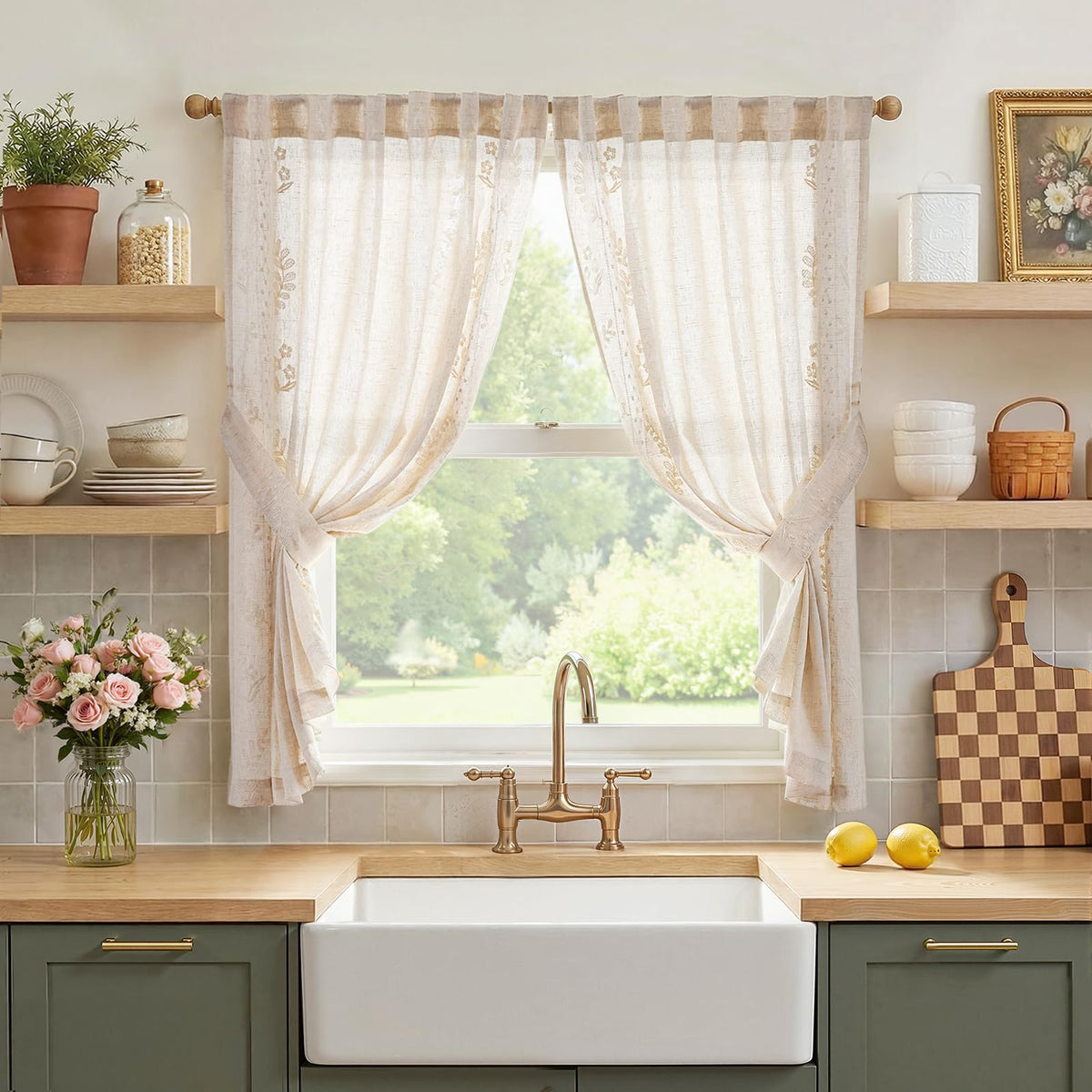 jinchan Floral Linen Curtains 84 Inch Farmhouse Back Tab 2 Panels