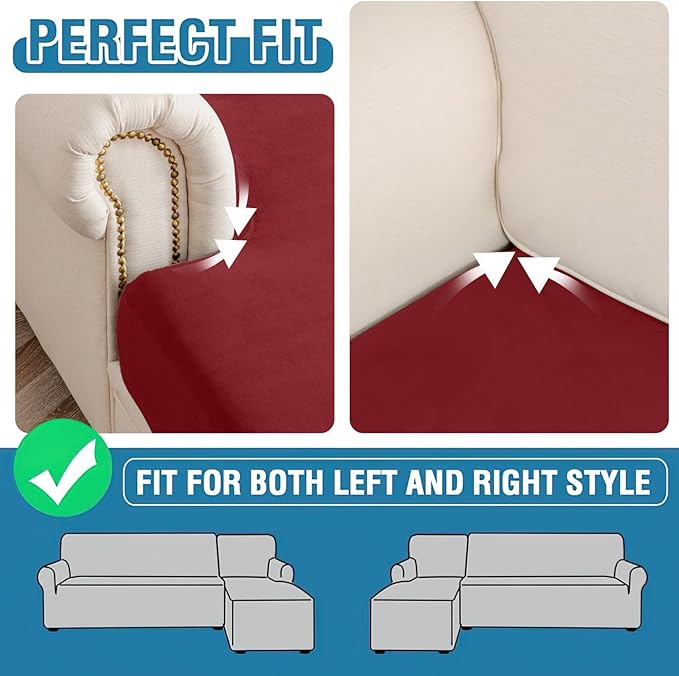 Couch Cover 3-Piece Elastic Velvet Couch Cushion Covers & Chaise Slipcovers for L-Shaped Sofas, Sofa Seat Covers Washable, Soft Cover for Couches (2 Seater + Chaise, Christmas Red)