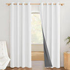 NICETOWN 100% Absolutely Blackout Linen Curtains with Thermal Insulated Liner, Greyish White, 52" Wide, 90" Length Energy Saving Curtains for Living Room 2 Panels Set, Vertical Blinds