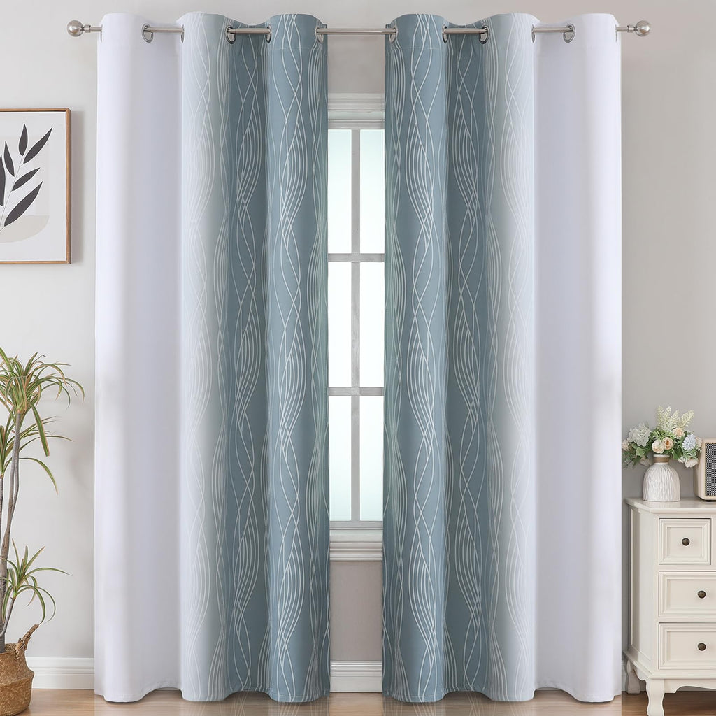 Stone Blue and Greyish White Blackout Curtains for Living Room 84 Inch Long