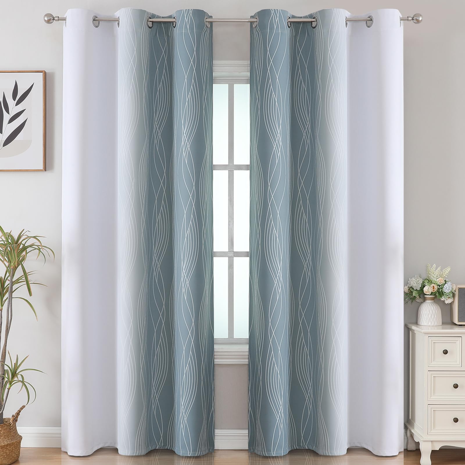 Stone Blue and Greyish White Blackout Curtains for Living Room 84 Inch Long