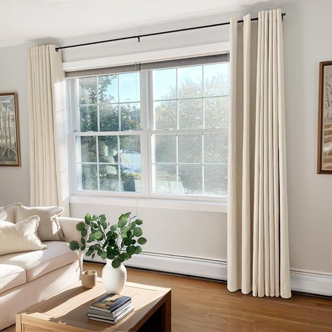 Linen Textured Total Blackout Curtains 84 Inches Long, Butter Cream