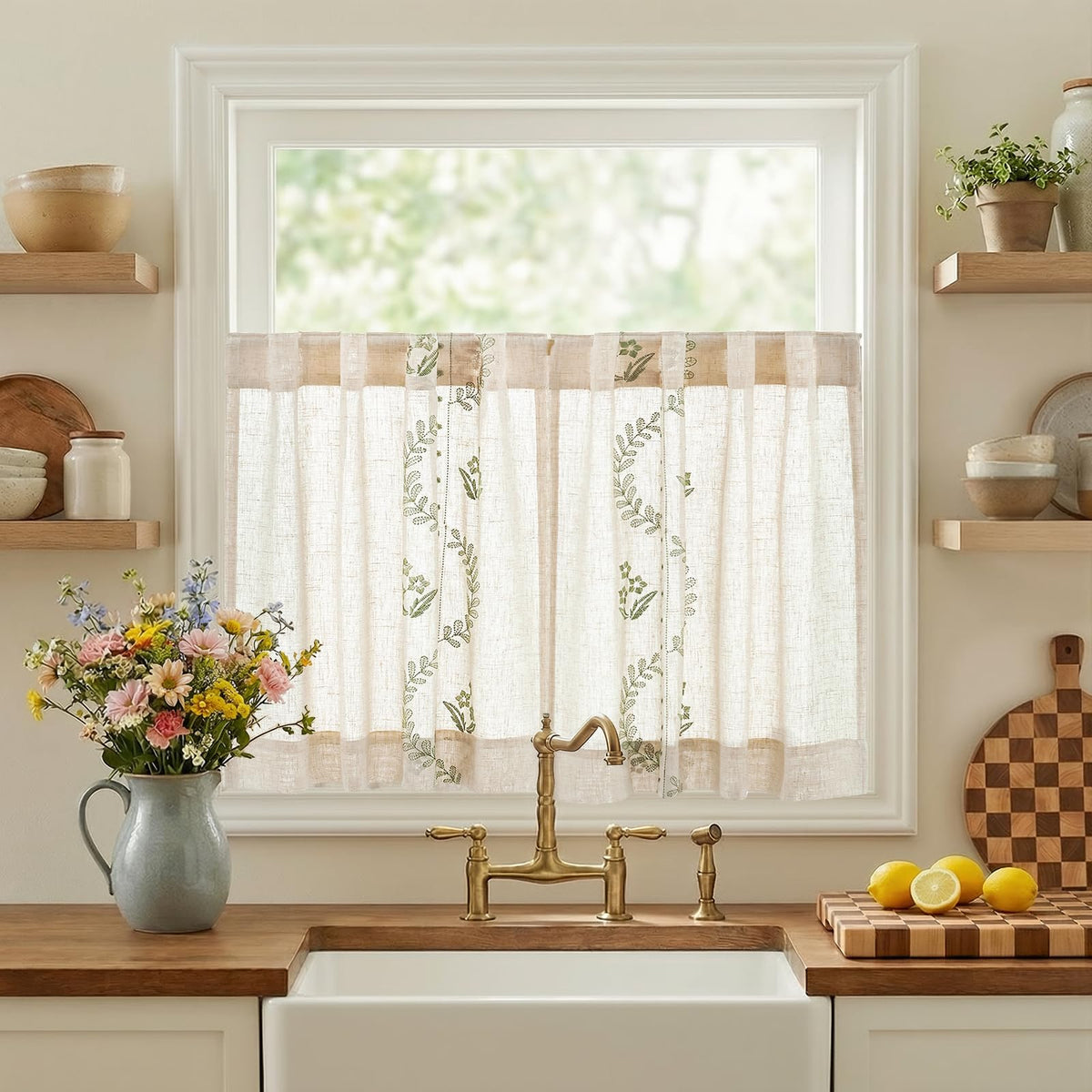 jinchan Floral Linen Curtains 84 Inch Farmhouse Back Tab 2 Panels