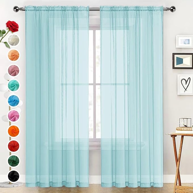 SpaceDresser Basic Rod Pocket Sheer Voile Window Curtain Panels Sky Blue 1 Pair 2 Panels 52 Width 45 Inch Long for Kitchen Bedroom Children Living Room Yard（Sky Blue, 52W x 45L）