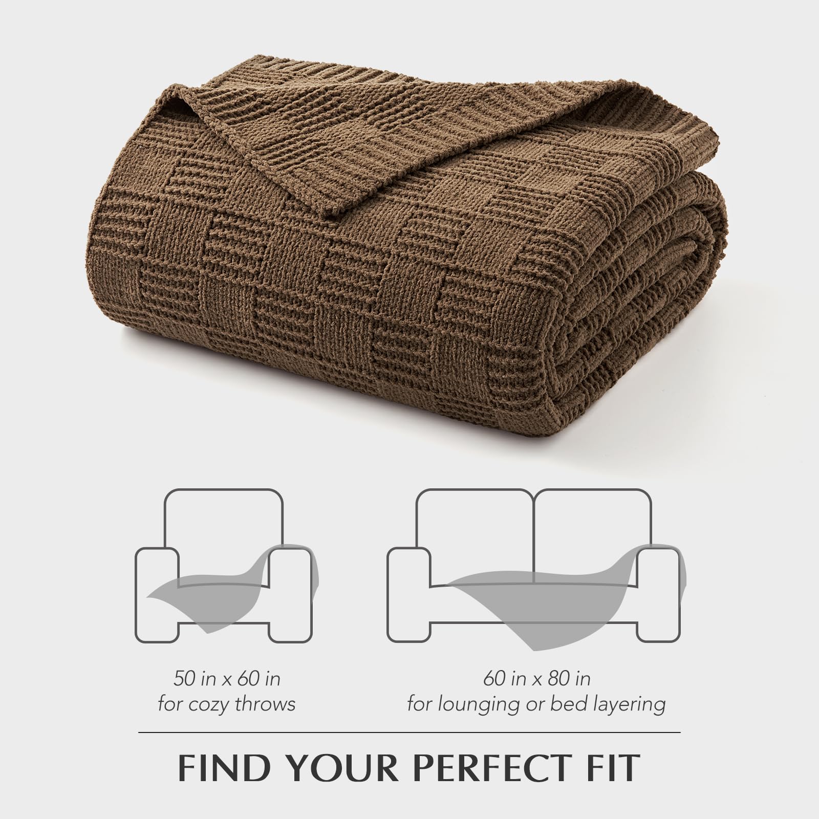 EVERGRACEHOME Modern Checkered Chenille Throw Blanket, 50x60, Camel Brown