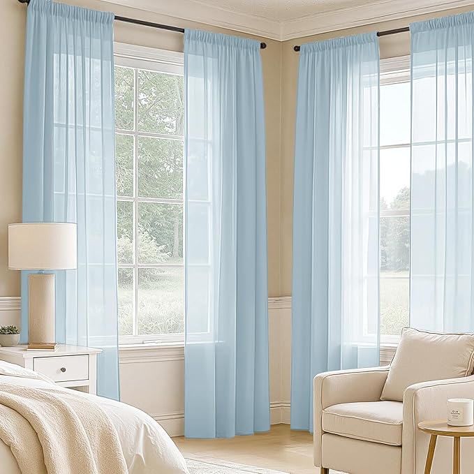 MIULEE Sky Blue Sheer Curtains 108 Inches Long, 4 Panels Set, Light Filtering Rod Pocket Voile Drapes for Living Room and Bedroom, Airy Soft Fabric Window Treatments, 42 x 108 Inches