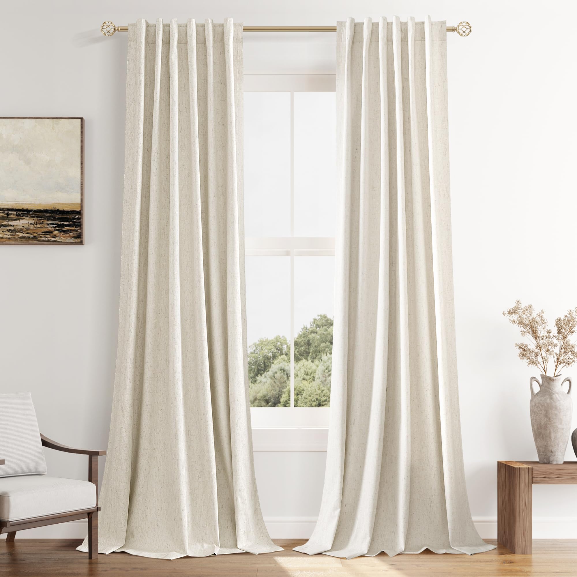 Guken 100% Blackout Linen Curtains 96 Inch Length 2 Panels Set for Living Room Bedroom Back Tab Thermal Insulated Black Out Drapes Room Darkening Farmhouse Style for Bedroom Window Curtains 40 Wide