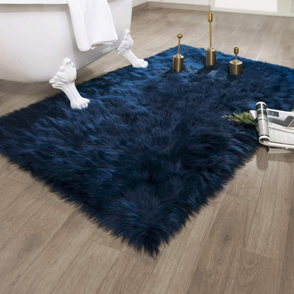 Ashler faux fur rug, Fluffy Shaggy Area Rug Ultra Soft 3 x 5 Feet Rectangle Fur Rug Navy Blue Fuzzy Rug Machine Washable Shag Rug, Nursery Decor Throw Rugs for Bedroom, kids room, Living Room