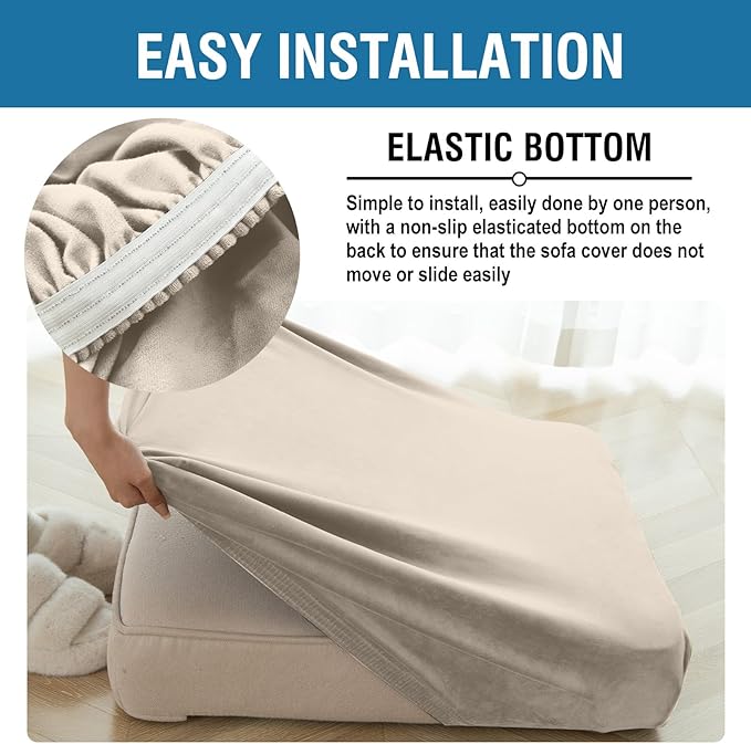 Couch Cover 6-Piece Elastic Velvet Couch Cushion Covers & Chaise Slipcovers for L-Shaped Sofas - Sofa Seat Covers Washable, Soft Protector for Couches (5 Seater + Chaise, Taupe)