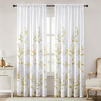 HOMEIDEAS Non-See-Through Gold and White Privacy Sheer Curtains 52 X 96 Inches Long 2 Panels, Leaf Floral Printed Light Filtering Semi Sheer Window Curtains Drapes for Bedroom Living Room