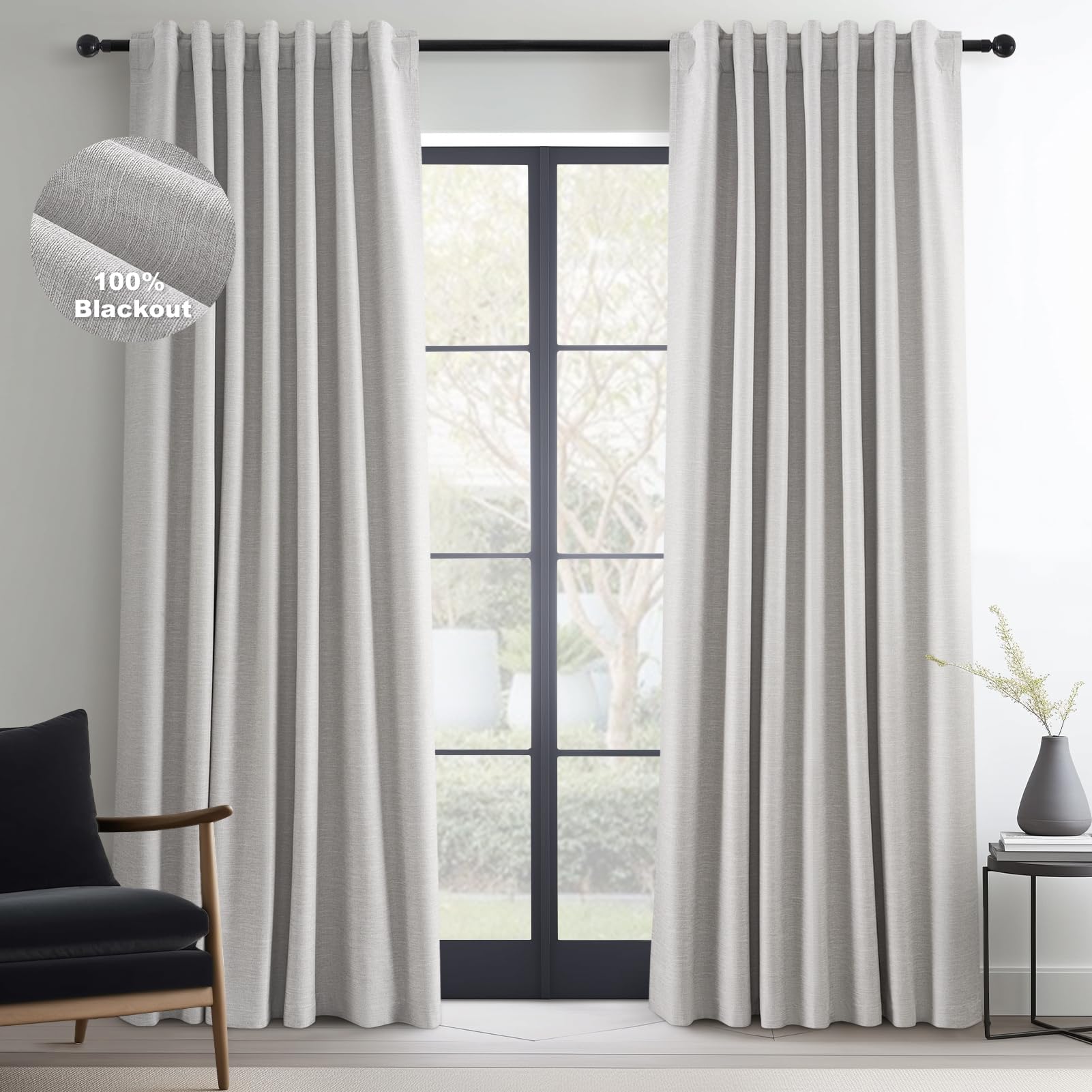 Topfinel 102 Inches Long Custom Blackout Linen Curtains, Gray Soundproofing Pinch Pleated Noise Cancelling Curtains with Pin Hooks for Traverse Rods, Burlap Drapes 2 Panels for Living Room Bedroom