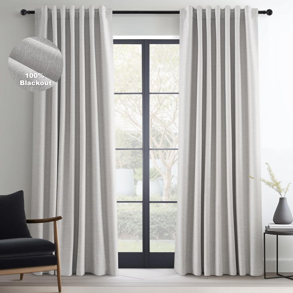 Topfinel Extra Long Total Blackout Grey Linen Curtains 108 Inches Long for Living Room Large Window with Hooks, Room Darkening Textured Cold Blocking Rustic Acoustic Heavy Track Curtains 2 Panels 9 FT