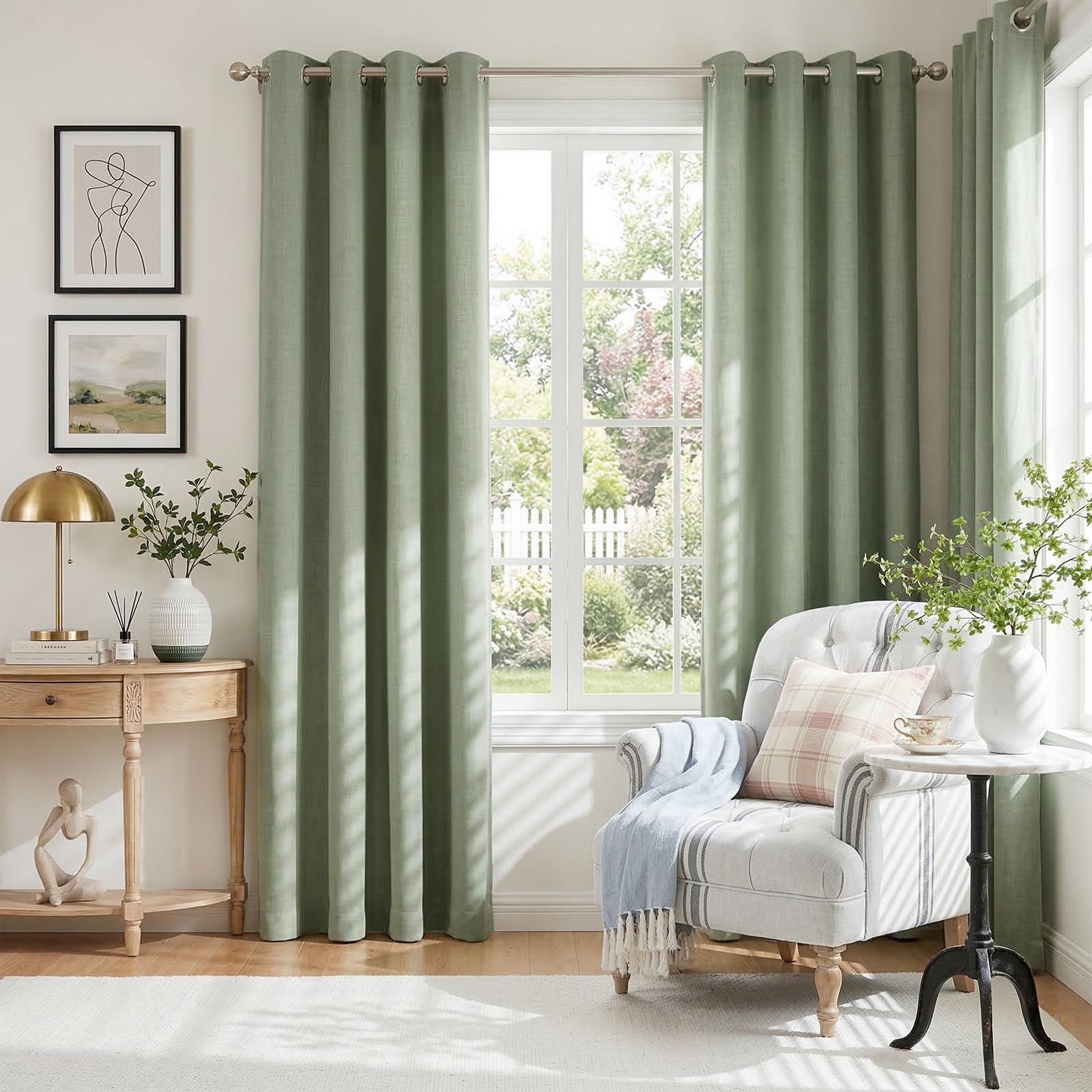 Linen Textured Total Blackout Curtains 72 Inches Long, Sage Green