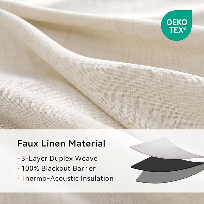 Linen Textured Total Blackout Curtains 84 Inches Long, Butter Cream