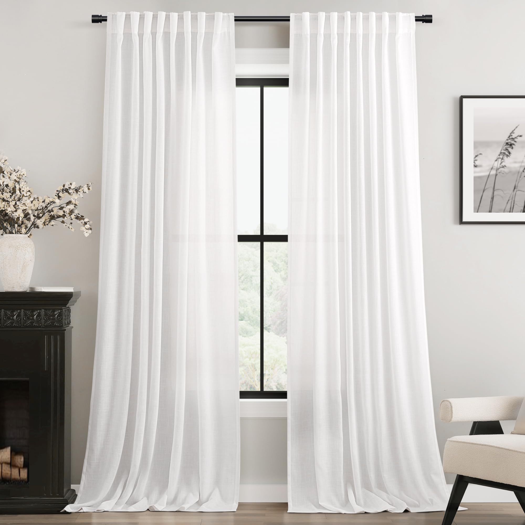 Extra Long White Curtain 120 inches Long 2 Panels Set Back Tab Light Filtering Cotton Textured Curtain Modern Farmhouse Coastal Decor White Linen Drapes 120 inch Length for Large Window 10 FT 60x120