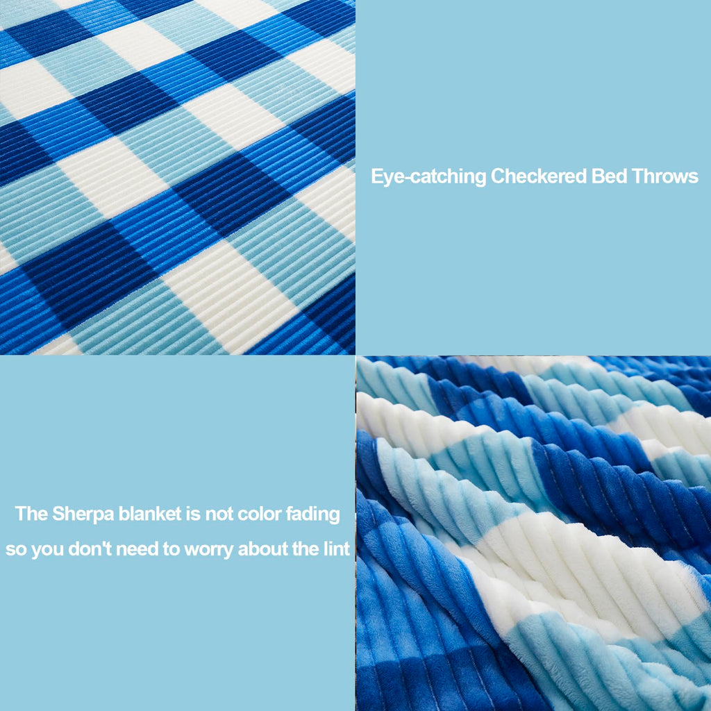PU MEI Sherpa Blanket Twin Plaid Thick Bed Blanket, 90”*80” Super Soft Flannel Fuzzy Fleece Reversible Velvet Plush Warm Blanket for Couch(Blue Check, 80"*90")