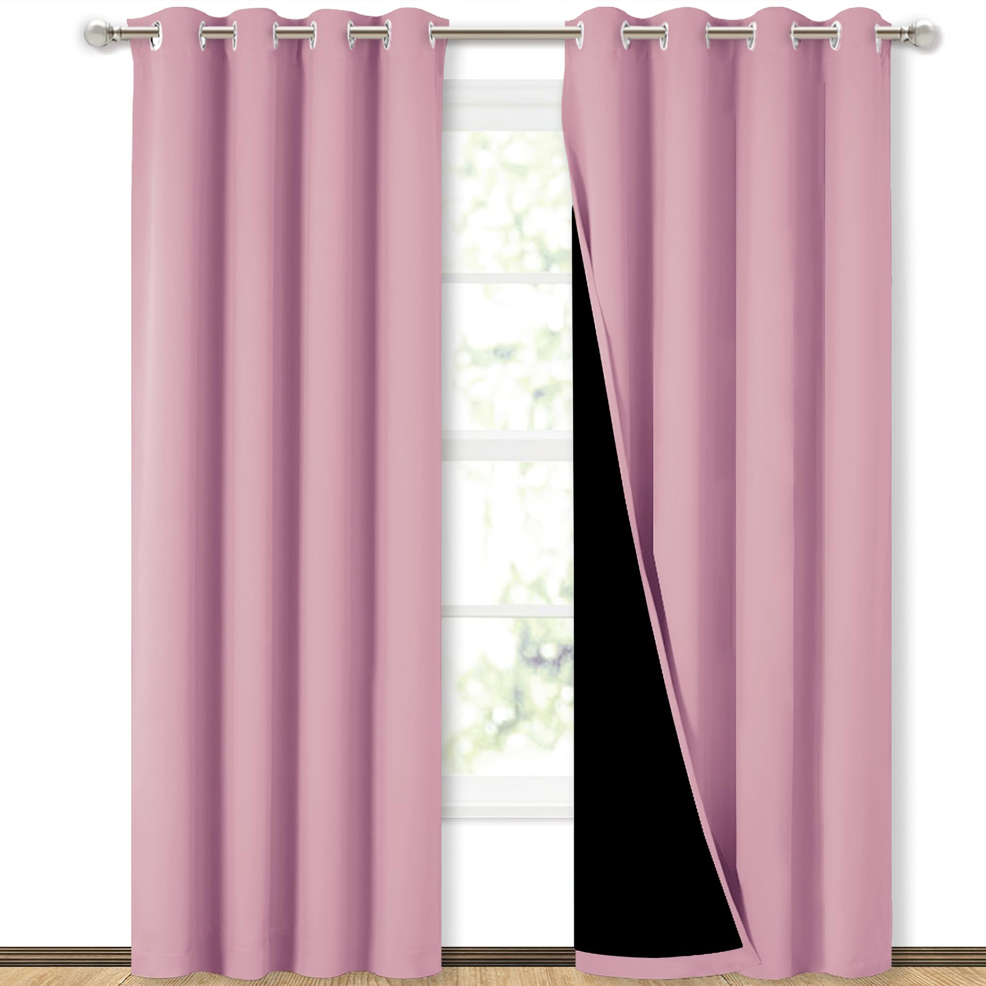 NICETOWN Full Shading Curtains 90" Long 2 Panels Set for Windows, Super Heavy-Duty Black Lined Blackout Curtains for Bedroom, Privacy Assured Window Treatment (Crystal Pink, Pack of 2, 52" W)