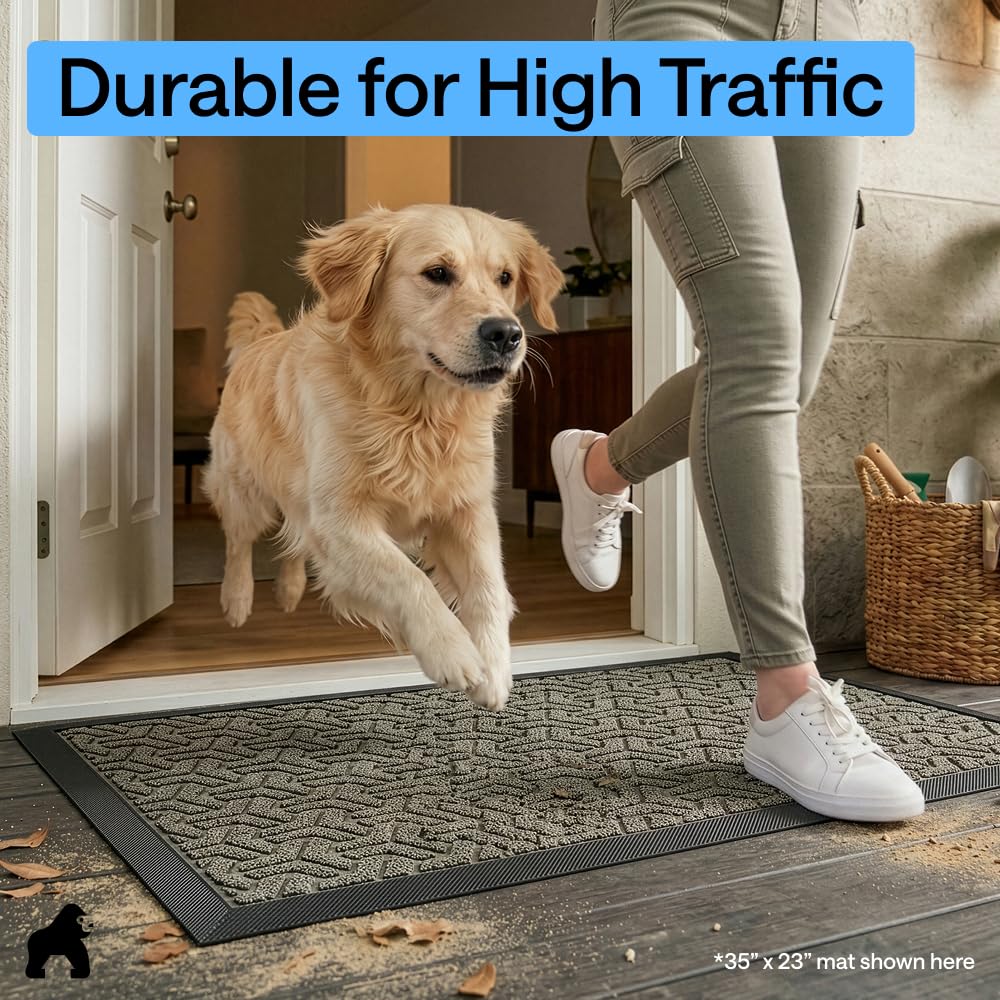 GORILLA GRIP 100% Waterproof All-Season WeatherMAX Doormat 35x23, US Designed Natural Rubber, Stain and Fade Resistant, Low Profile Indoor Outdoor Door Mats, Easy Clean Patio Mat, Slate Geometric