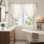 jinchan Belrose Linen Floral Cafe Curtains 54 Inch Length Embroidered Farmhouse Curtains for Kitchen Bedroom Bathroom Small Windows Curtain Set Light Filtering 2 Panels Sage Green