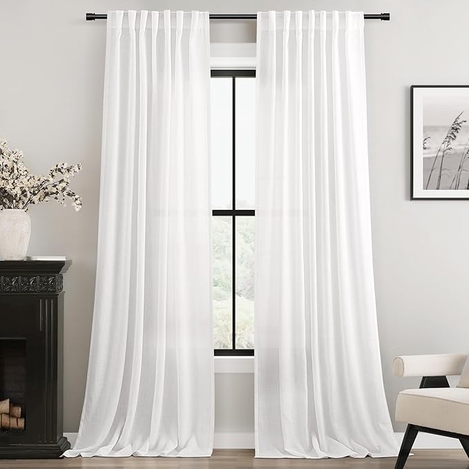 White Curtains 94 inches Long 2 Panels Back Tab Light Filtering Cotton Textured Curtain Modern Farmhouse Coastal Decor Off White Linen Drapes 94 inch Length for Patio Sliding Door Office Bedroom