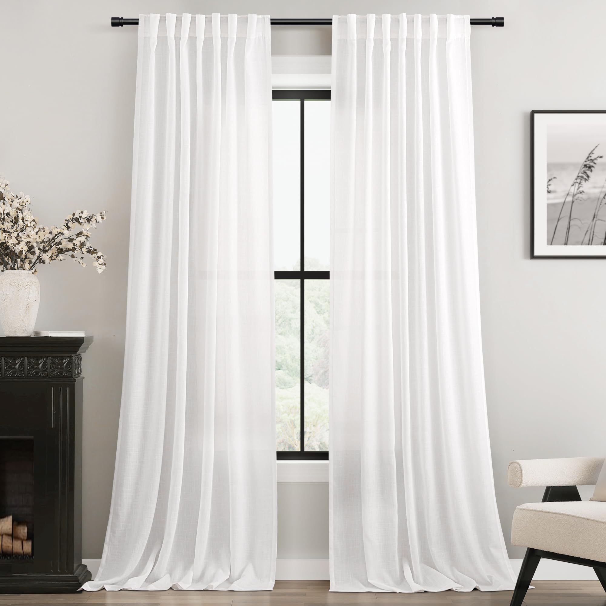 White Curtains 94 inches Long 2 Panels Back Tab Light Filtering Cotton Textured Curtain Modern Farmhouse Coastal Decor Off White Linen Drapes 94 inch Length for Patio Sliding Door Office Bedroom