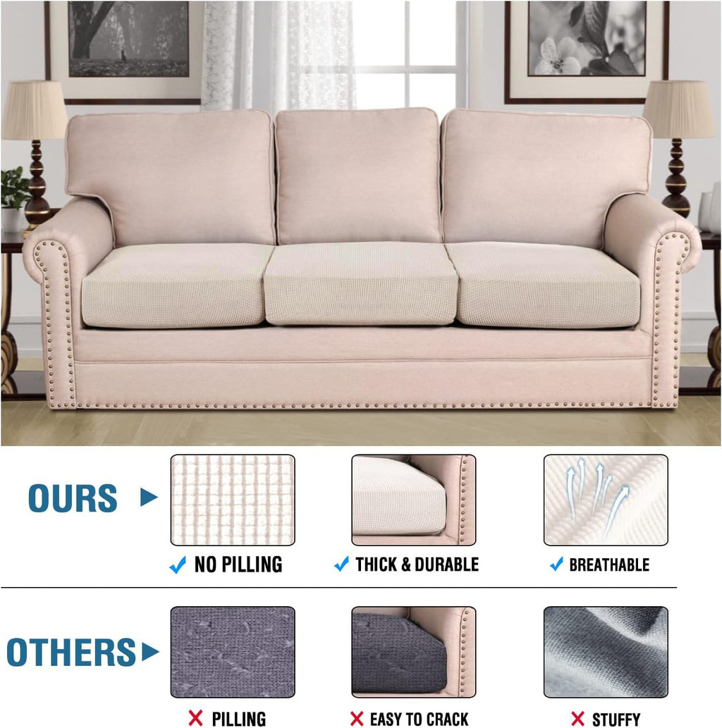 H.VERSAILTEX Super Stretch Individual Seat Cushion Covers - Sofa & Couch Cushion Slipcover Sets - Thick Jacquard Textured Twill Fabric (3 Piece XL, Ivory)