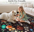 Rugflix 5x7 Washable Area Rug for Living Room, Soft Non Slip Low Pile Carpet, Floral Vintage Stain Resistant Rugs for Bedroom, Dining Room, Home Office, Black