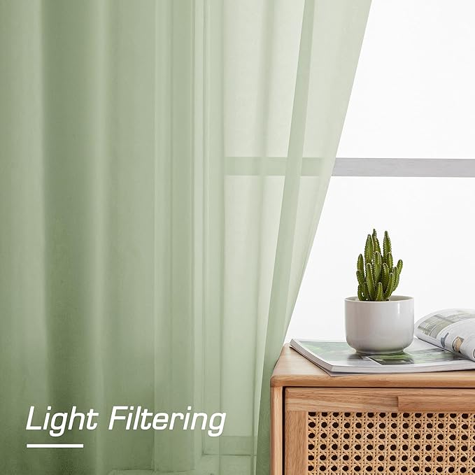 OWENIE Sheer Curtains 63 inch Length 2 Panels Set, Rod Pocket Voile Fimly Sheer Drapes for Living Room/Bedroom, 2pcs, Each 42" W x 63" L, Light Green