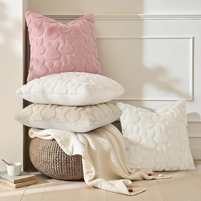 decorUhome Easter Bunny Pillow Covers 16x16 Inch Set of 2, Soft Plush Faux Wool Jacquard Pink Rabbit Cushion Covers, Farmhouse Neutral Spring Easter Holiday Decor for Couch Sofa Bed