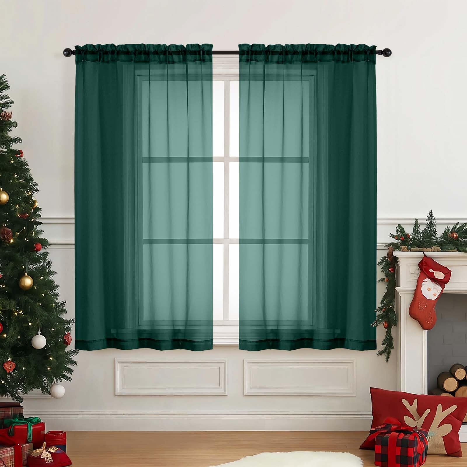 Ebesto Green Window Sheer Curtains 45 Inches Length, Voile Short Curtains for Christmas, Modern Soft Window Drapes 2 Panels Set, Top Dual Rod Pocket, Hunter Green, 2x42Wx45L Inches