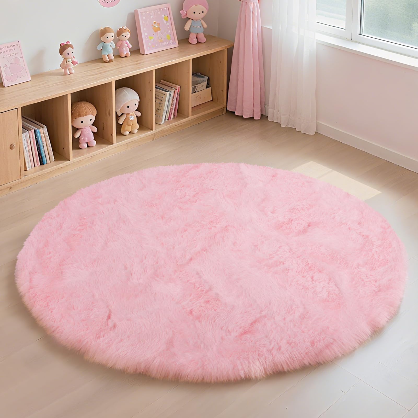 Pink Fluffy Round Area Rugs for Bedroom,3ft Shag Circle Small Area Rugs
