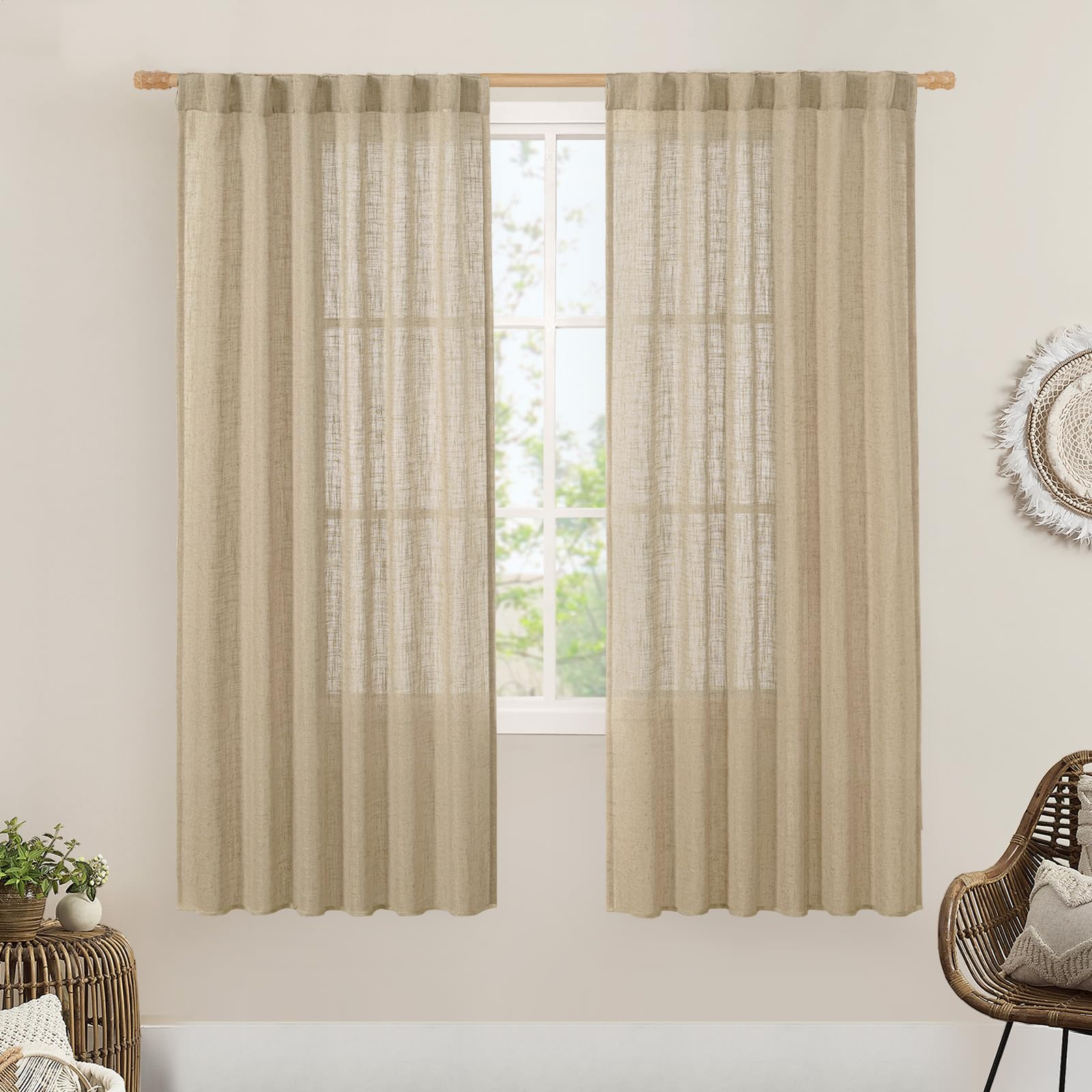 LAMIT Brown Linen Boho Curtains 68 inch Length 2 Panels, 52 x 68 Inch