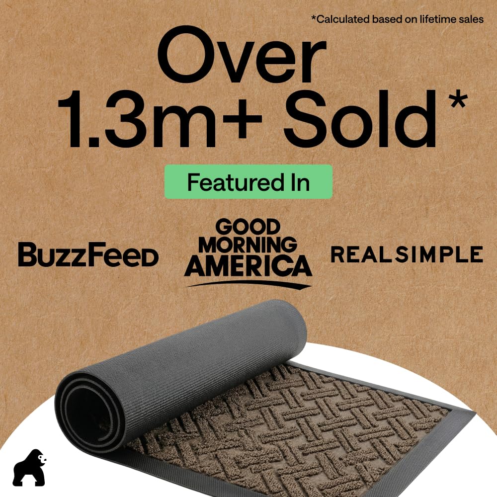 GORILLA GRIP 100% Waterproof All-Season WeatherMAX Doormat, 47x35, US Designed Natural Rubber, Stain and Fade Resistant, Low Profile Indoor Outdoor Door Mats, Easy Clean Patio Mat, Taupe Basket Weave