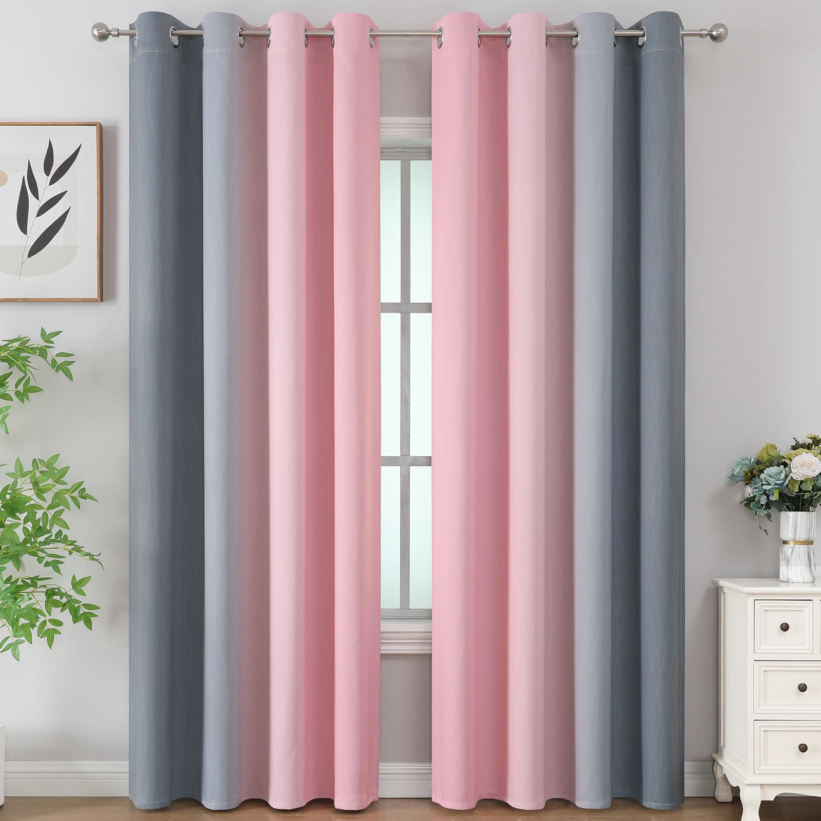 Pink and Grey Ombre Blackout Curtains for Living Room 84 Inch Long 2 Panels