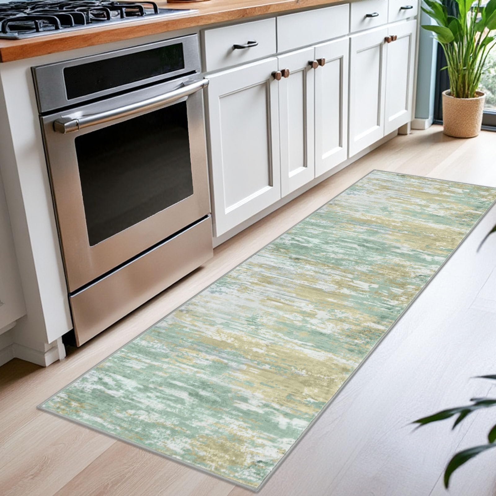 KOZYFLY Modern Abstract Runner Rugs 2x6 Light Green Yellow Machine Washable Area Rug for Bedroom Non-Slip Living Room Rug, Faux Wool Soft Low Pile Office Carpet for Bedroom, Kitchen Bathroom