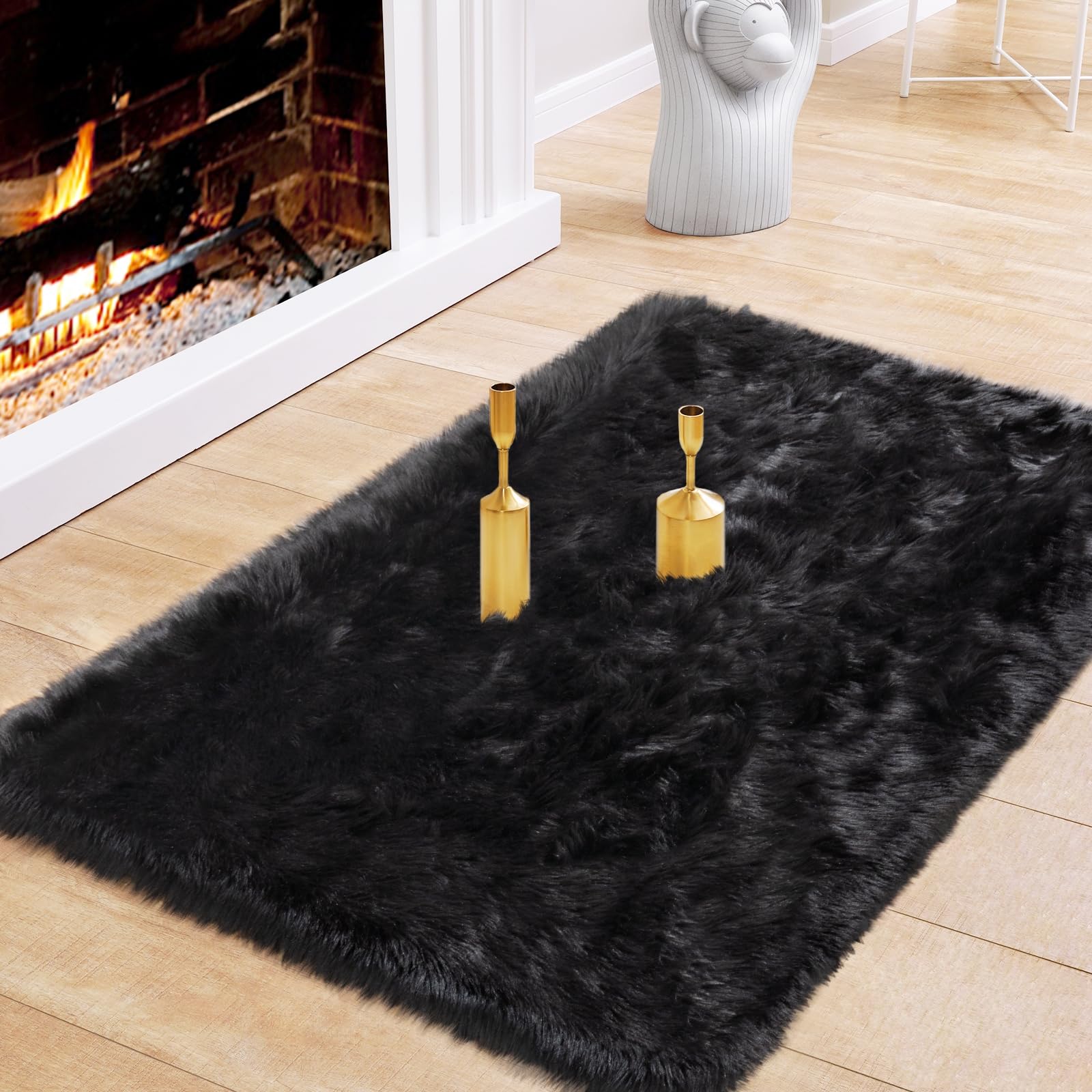 Ciicool Black Fur Fluffy Rug, 2x4 ft Small Faux Fur Rug for Bedroom