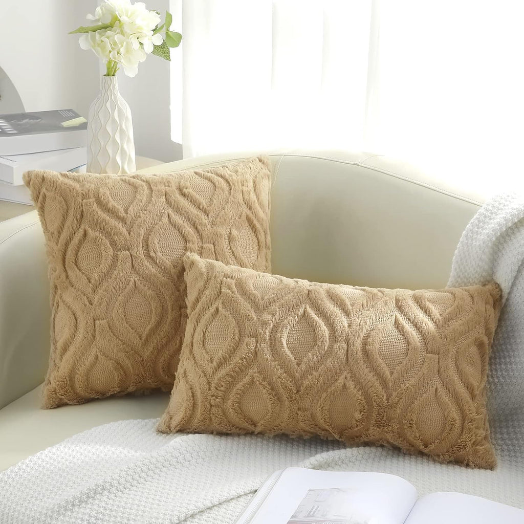decorUhome Faux Fur Light Brown Khaki Throw Pillow Covers 26x26 Set of 2