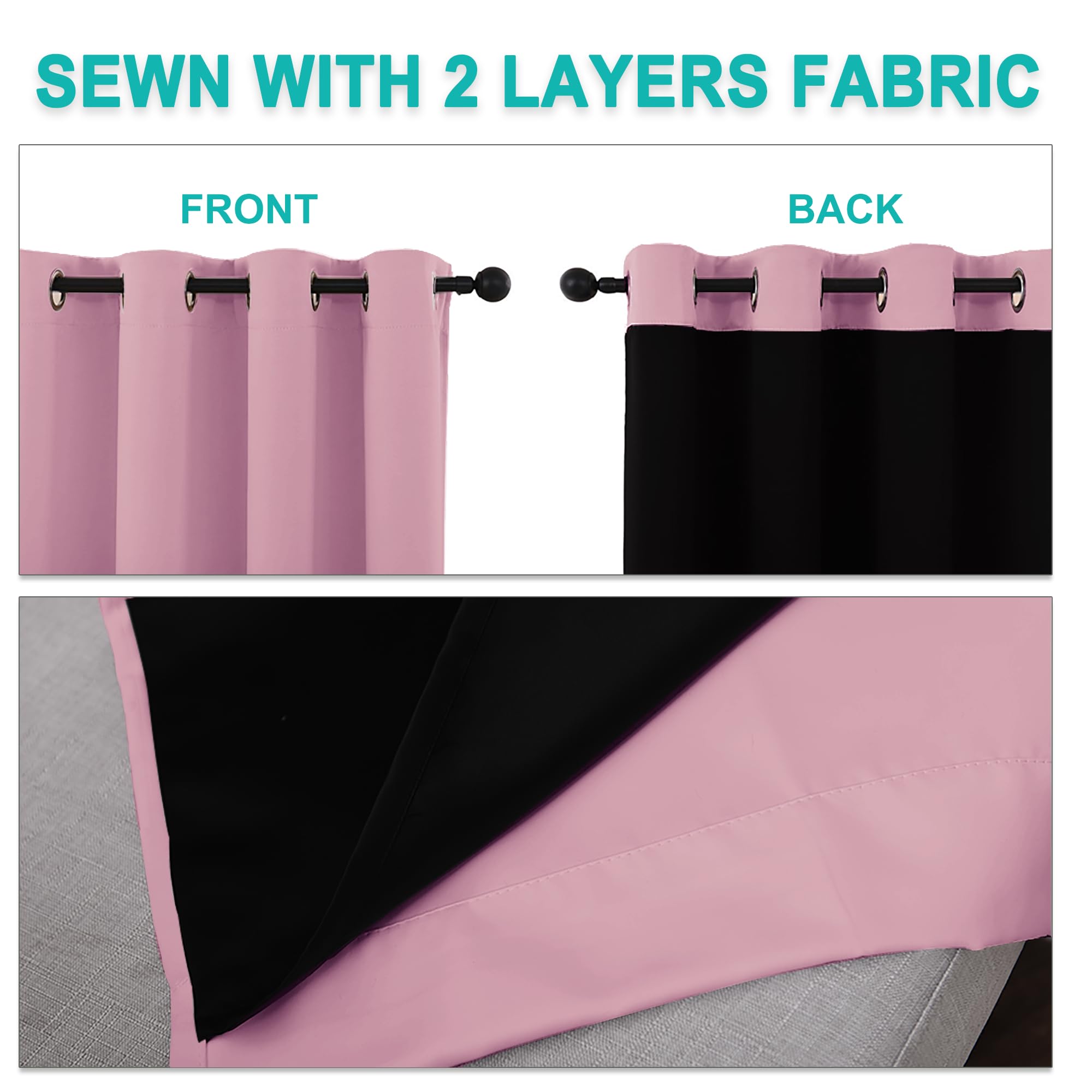 NICETOWN 100% Blackout Blinds, Laundry Room Decor Window Treatment Curtains for Large Patio Sliding Door, Thermal Insulated Crystal Pink Curtains for Bedroom, Set of 2, 55 inches x 102 inches