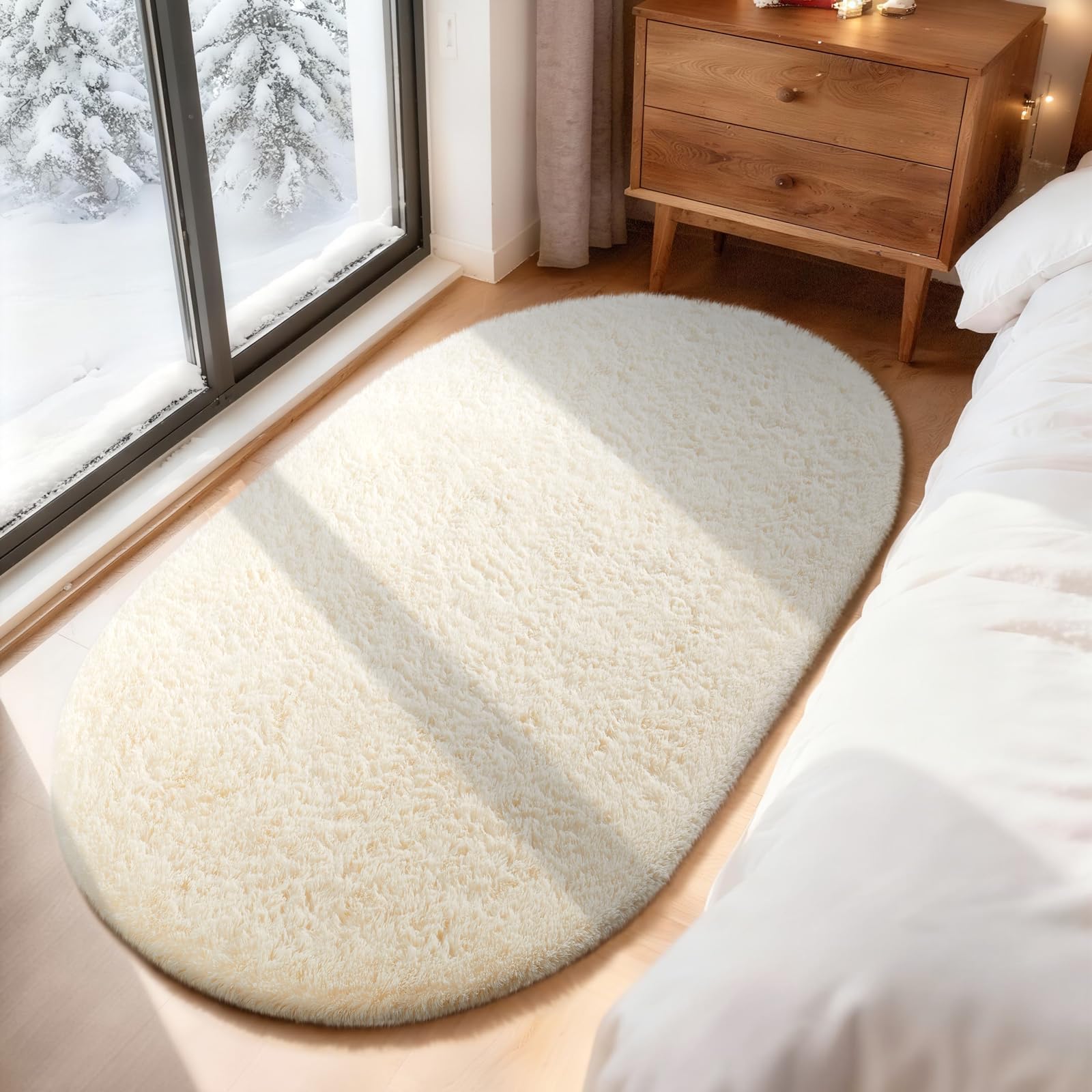 Ophanie 3x5 Oval Ivory Rugs for Bedroom Living Room Washable,Fluffy Fuzzy Furry Carpet,Plush Soft Shaggy Indoor Floor Area Rug for Kids Girls Boys Baby Teen Dorm Decor with Over 99 pcs Pile fibers