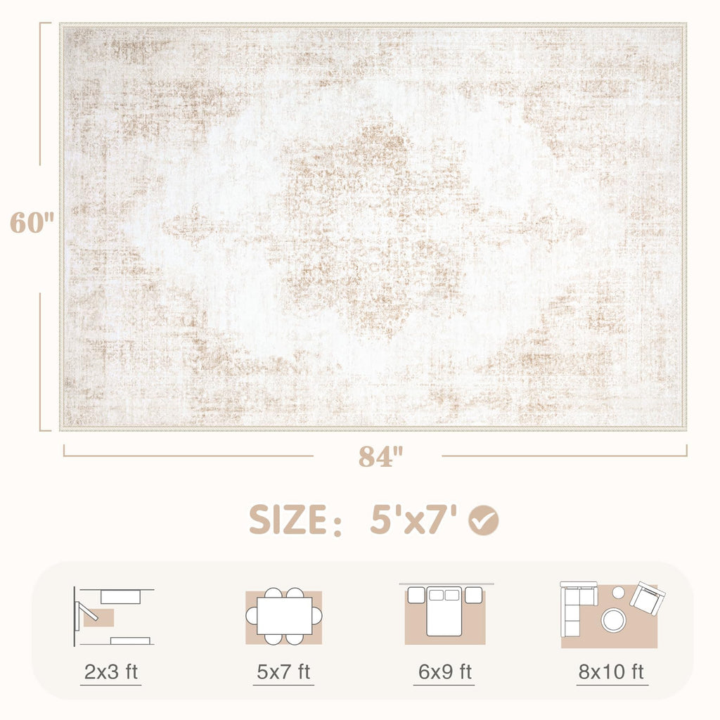 Area Rug 5x7 Vintage Rug: Washable Living Room Rugs Retro Medallion Distressed Large Rugs Soft Low Pile Non-Slip Indoor Floor Carpet for Bedroom Kitchen Nursery Dining Table Office (Beige, 5'x7')