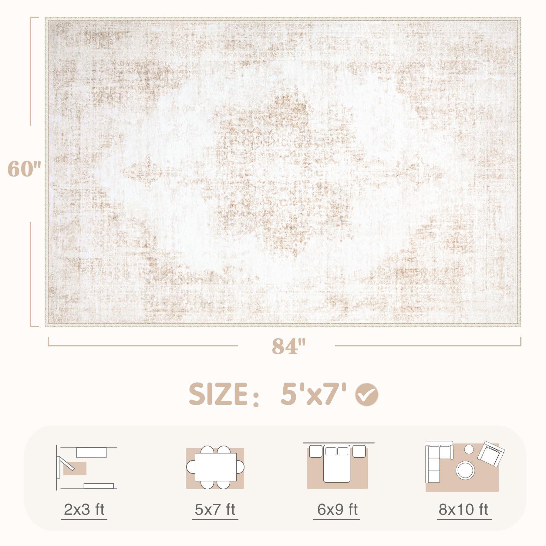 Area Rug 5x7 Vintage Rug: Washable Living Room Rugs Retro Medallion Distressed Large Rugs Soft Low Pile Non-Slip Indoor Floor Carpet for Bedroom Kitchen Nursery Dining Table Office (Beige, 5'x7')