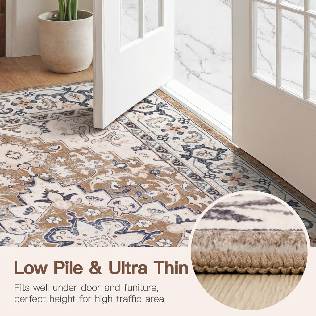 Lofus 4ft Round Area Rugs for Living Room, Vintage Boho Carpet Floral Brown