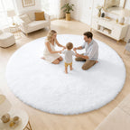 OLANLY White Round Rugs for Bedroom - Machine Washable, 8 ft Circle Area Rugs for Living Room, Soft and Fluffy Shaggy Carpet for Teen Girls and Boys, Nursery Rooms, Dorms, Home Decor Aesthetic