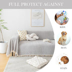 HANDONTIME Grey Sofa Cover for Couch Boho Couch Cover for 3 Seat Dog Couch Cover Love Seat Couch Covers Light Grey Sectional Cover 71" X118" Tassel Chenille Herringbone Sofa Covers Washable