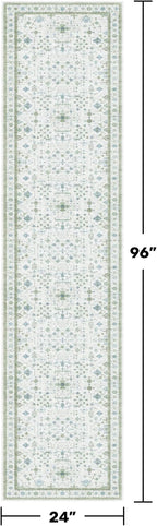 Hazo Haus Washable Oushak 2x8 Bathroom Runner Rug - Vintage Turkish Floral 8ft Long Low Pile Non Slip Runners for Kitchen, Hallway - Cream Blue and Green